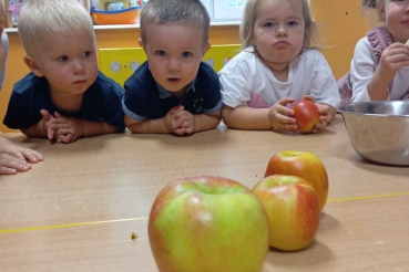 Dzieci patrzą na jabłka